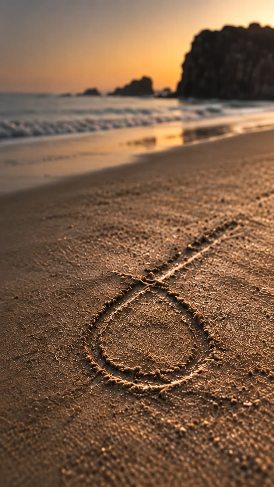 O laço da MATTRE desenhado na areia da praia, ao pôr do sol